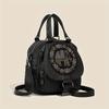 Black PU Leather Backpack, Women's Fashionable Vintage Small Handbag With Convertible Shoulder Straps, Rhinestone Elephant Daypack Purse