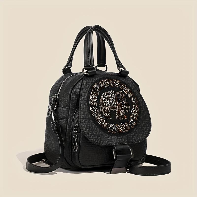 Black PU Leather Backpack, Women's Fashionable Vintage Small Handbag With Convertible Shoulder Straps, Rhinestone Elephant Daypack Purse
