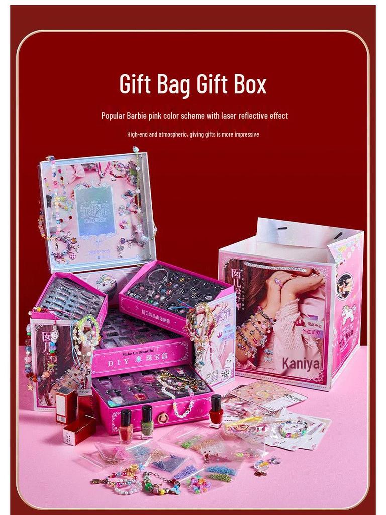 Colorful Beaded Jewelry Set for Girls - Necklace, Bracelet & Hair Accessories Gift Box