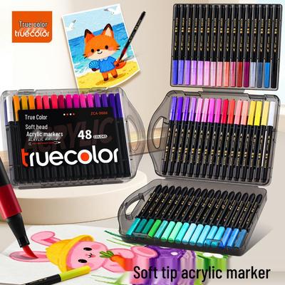 True Color Soft Tip Acrylic Marker Pen, Small Square Barrel, Black Box, No Bleed, Layerable, Ideal for Children's Art and Newspaper Painting.