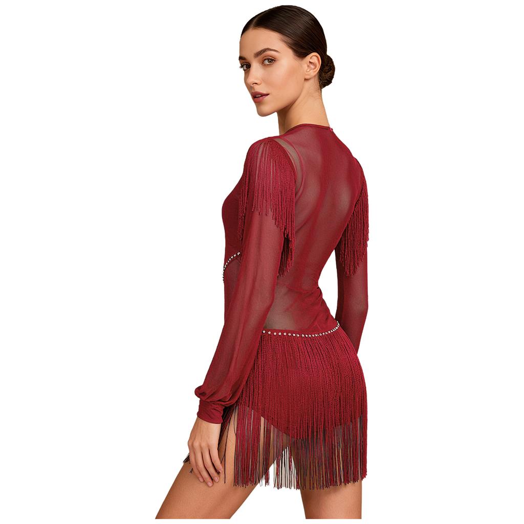 Damski trykot body do tańca latynoamerykańskiego Tango Siateczkowe wstawki Błyszczące dżety Frędzle Długi rękaw Rozpinany krok Kombinezon