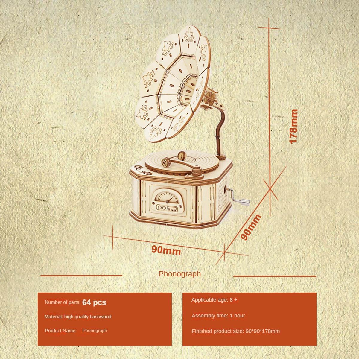 

3D Wooden Gramophone Music Box Puzzles Kits for Teen Adults Construction Models Set Toys DIY Assembling Machnical Christmas Gift W2908WW-