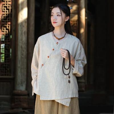 Women Vintage Shirts Tops Chinese Style V-Neck Long Sleeve Button Blouses Autumn Solid Color Shirts