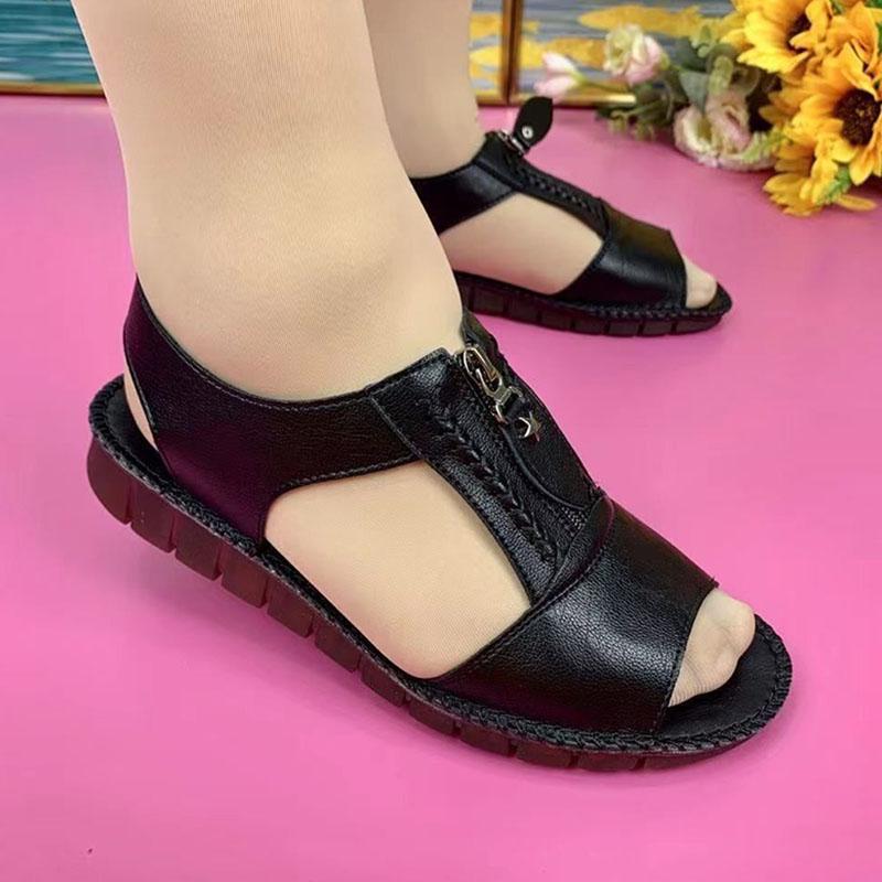 

WTEMPO сандалии из мягкой кожи, женские универсальные повседневные сандалии на мягкой подошве с застежкой-молнией, однотонные, удобные туфли на плоской подошве с открытым носком, дропшиппинг, оптовая продажа 37 чёрный