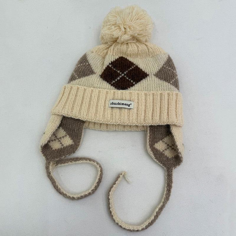 Autumn and Winter Sweet Ear Protection Knitted Hat Children's Colorful Rhombus Plaid Simple Wool Hat Warm Bald Hat