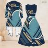 Women Plus Size Two Piece Set Geometric Printed Round Neck 3 4 Sleeve Open Cardigan Sleeveless Tie Waist Flared Dress