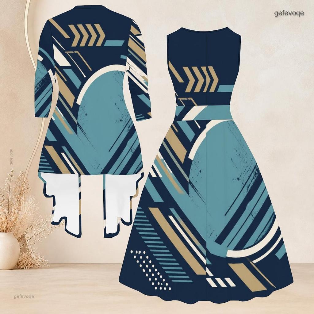 Women Plus Size Two Piece Set Geometric Printed Round Neck 3 4 Sleeve Open Cardigan Sleeveless Tie Waist Flared Dress