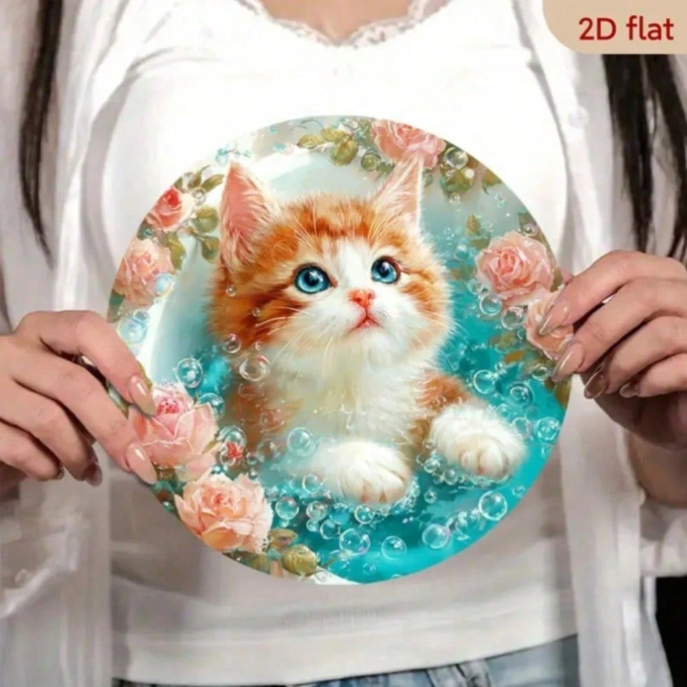 

Vintage Cat Metal Sign 8 Inch Round Wall Art Cute Ginger Kitten Bubble Bath Pink Roses Turquoise Bubbles Home Decor 20x20