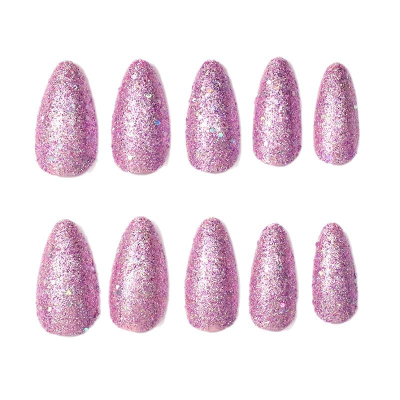 Stylish Pink & Purple Glitter Long Almond Nail Art Set - 24 Pieces