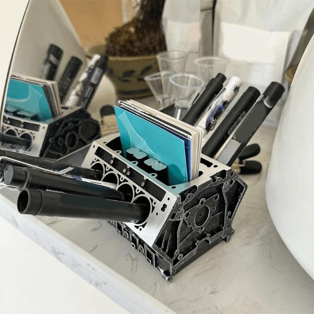 Resin Engine Block Desk Organizer Large Capacity Pen Holder Business Card Bracket Car Enthusiasts