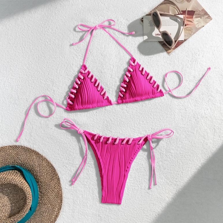 Women's Wave Ribbed Triangle Bikini Color Block Lace-Up Halter Tie Side Swimsuit