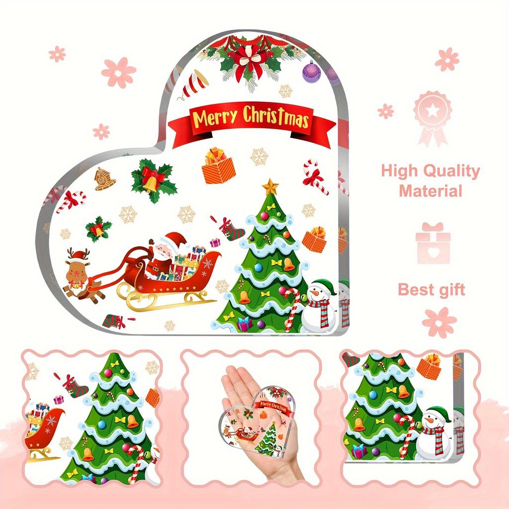 2D Flat, Acrylic Heart Christmas Desktop Decoration, Santa, Reindeer, Snowflakes & Holly Design, Suitable for wall decoration, porch, room, villa, acc