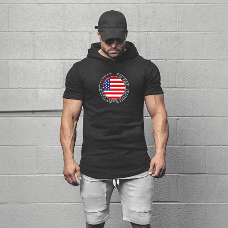 Muscleguys New Summer Bodybuilding T-shirt Hooded Men Gyms Sweatshirts Short Sleeve Tshirt Cotton Sportwear Fitness Muscle Tee Shirt