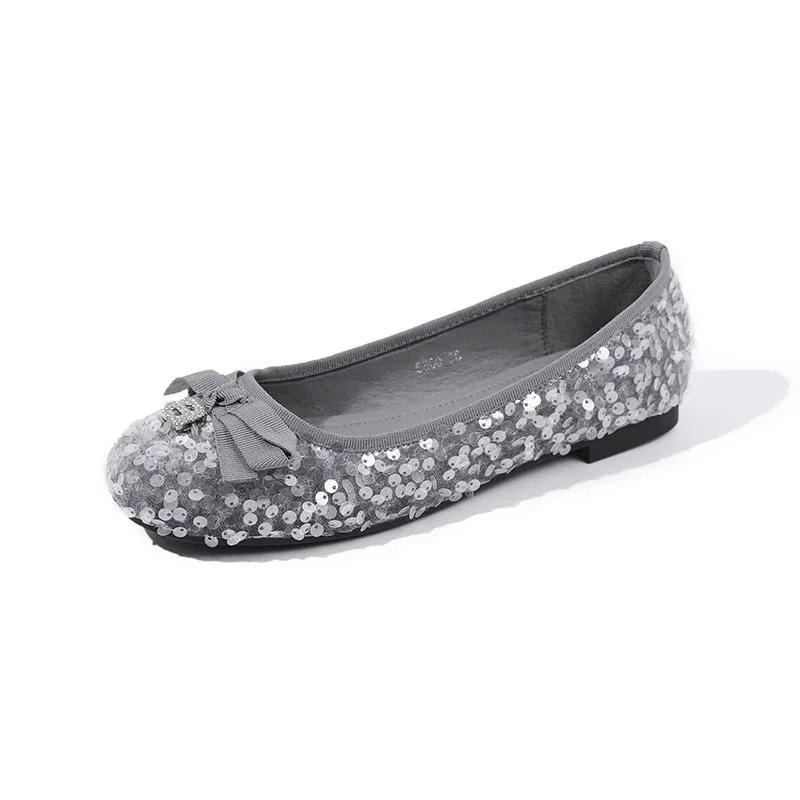 Shoe Women's Spring Round Toe Casual Bean Shoes, Sequined Butterfly Bow Low Heel Shallow Mouth Flat Bottom Lazy Shoes