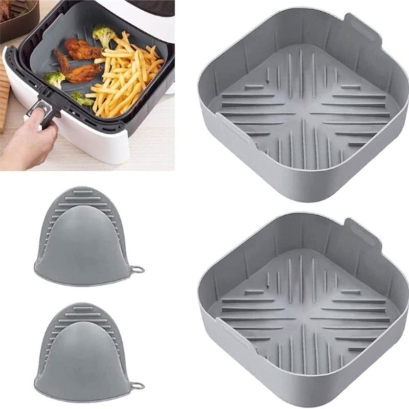 Heißluftfritteusen-Pads Silikon Heißluftfritteusen-Schale Quadratischer Silikon-Topf-Einsatz mit Silikon-Handschuhen Silikonmaterial für Heißluftfritteusen