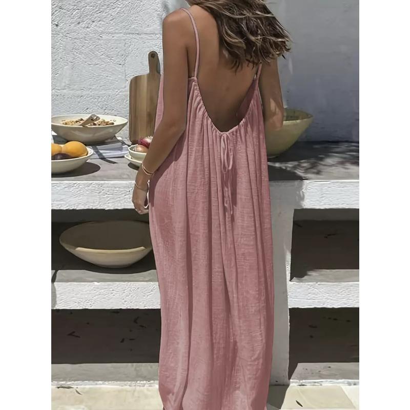 VEZFAA Women's Fashion Summer Spring Solid Color Print Sleeveless Suspenders Loose Waistline  Casual Dresses