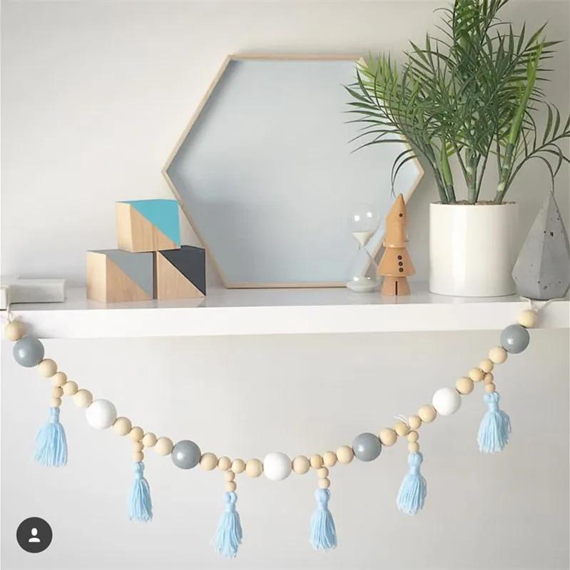 Nordic Style Wooden Wooden Bead Tassel Little Girl Baby Beaded Ornaments Wall Decoration Curtain