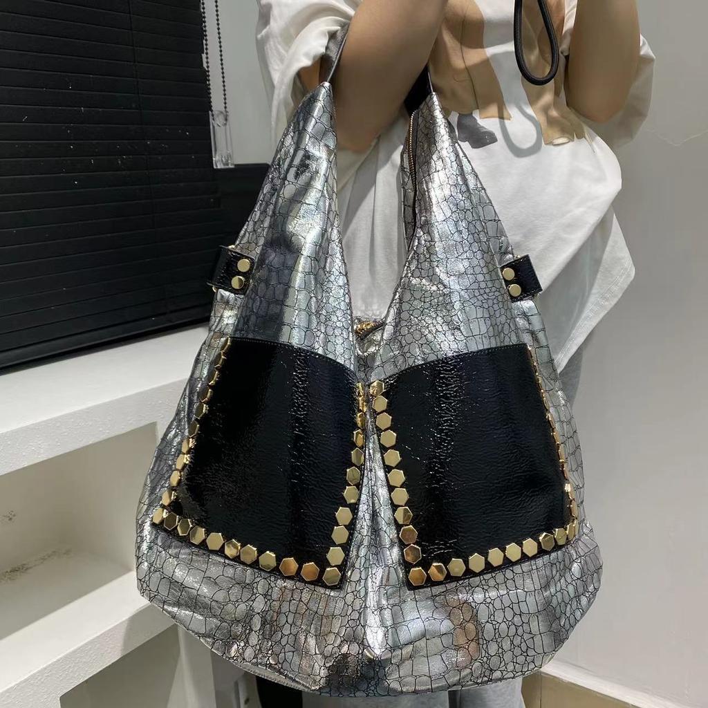 Women'S Vintage Splicing Tote Bag Large Capacity Trend Commuter Shoulder Bag