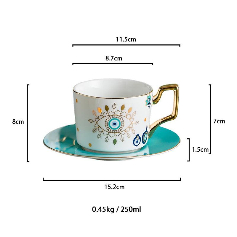 Juego de Taza de Café y Té de Cerámica con Platillo, Moda Europea Azul Ojo Maligno, 250ml, para Té de la Tarde en Casa