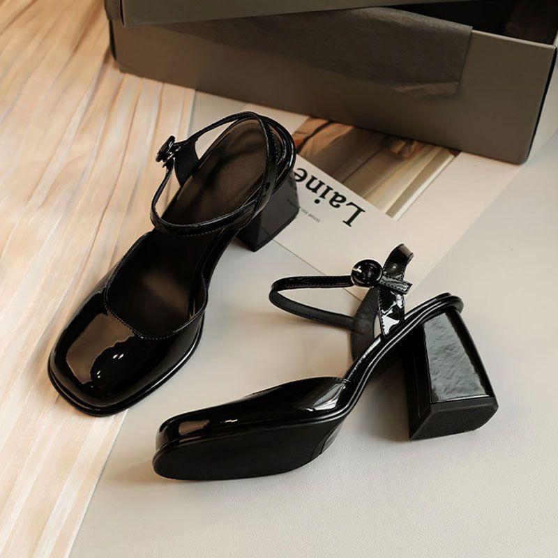 One-word high heels square head single shoes women's shoes 2025 spring and summer new thick heel Mary Jane bag head sandals women