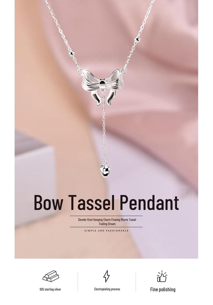 Original Design S925 Sterling Silver Bow Tassel Necklace for Women - High-End 2025 Style Clavicle Chain Accessory