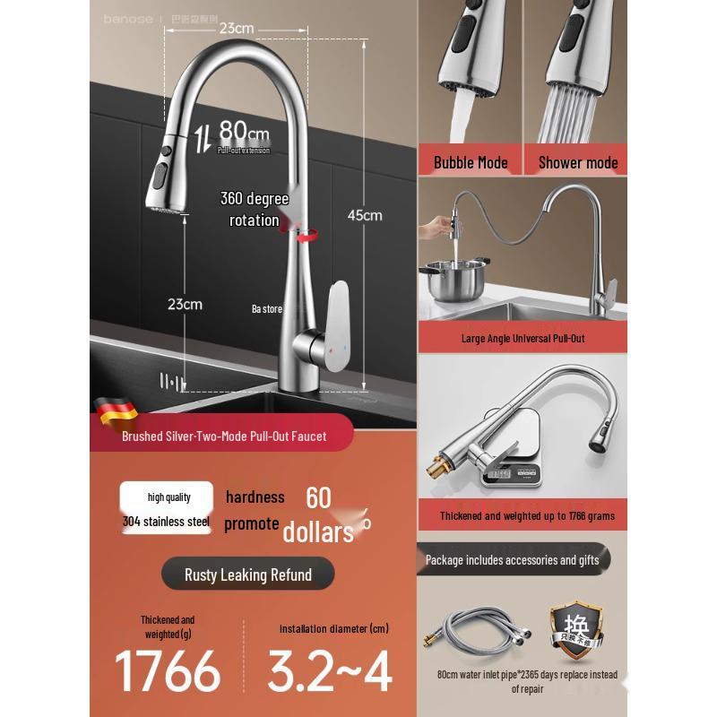 All-Copper Kitchen Pull-Out Faucet with 360° Rotation & Dual-Use Hot/Cold for Vegetable Sink