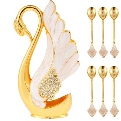 6Pcs Coffee Spoon Set with 1 Swan Shape Spoon Holder Zinc Alloy Swan Base Spoon Organizer Elegant Fruit/Dessert Swan Flatware