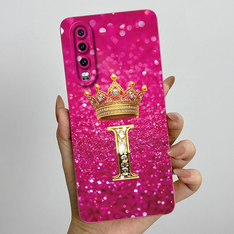 Back Cover For Huawei P30 ELE-L29 P 30 Pro VOG-L29 Crown Initial Letter Phone Case Liquid Soft Silicone Lens Protective Casing