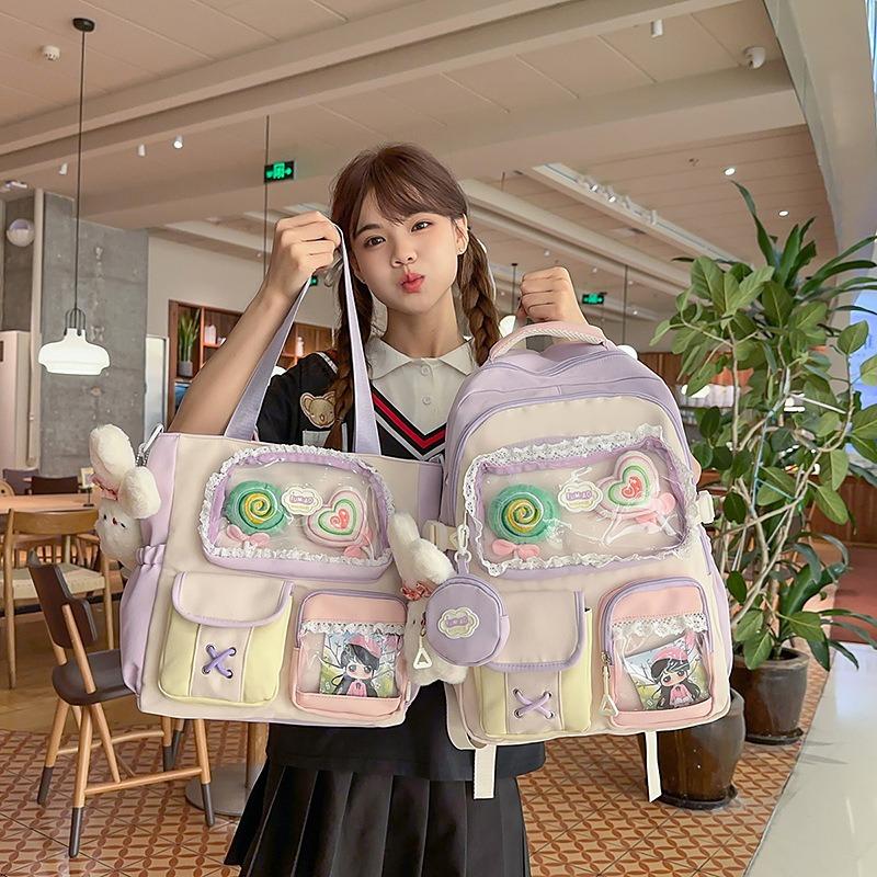 High value dopamine sweet contrasting color girl heart backpack college wind junior high school students multi-compartment backpack