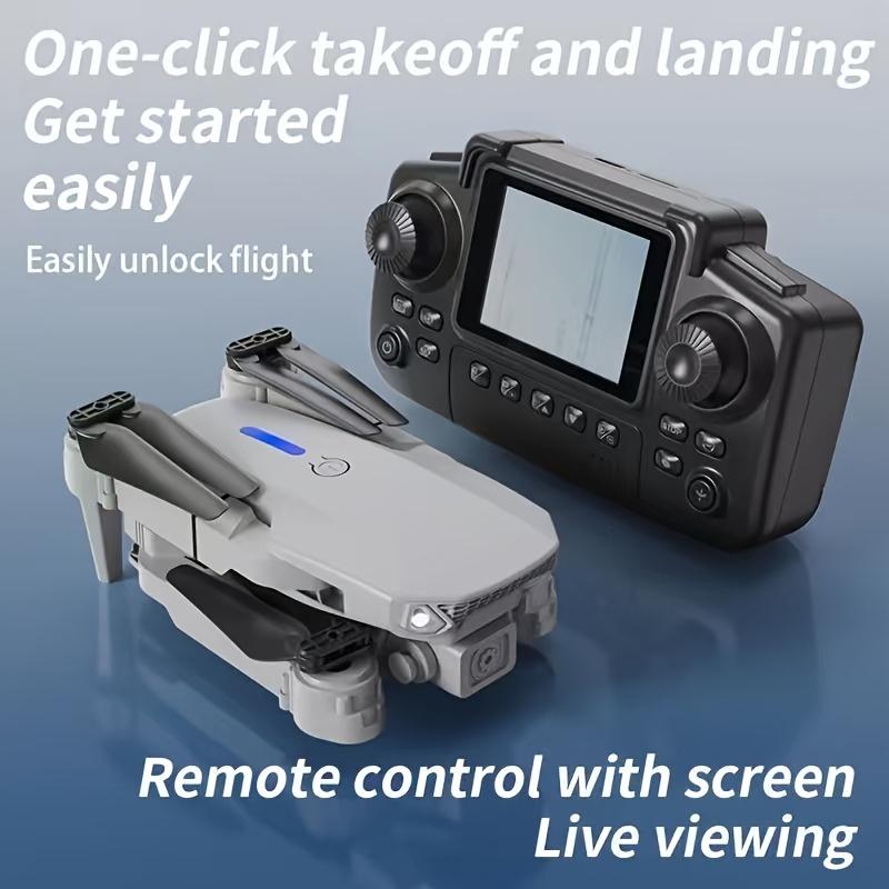 E88PRO remote-controlled drone and its accompanying application. One-click takeoff/landing, 360° rotation, stable flight without