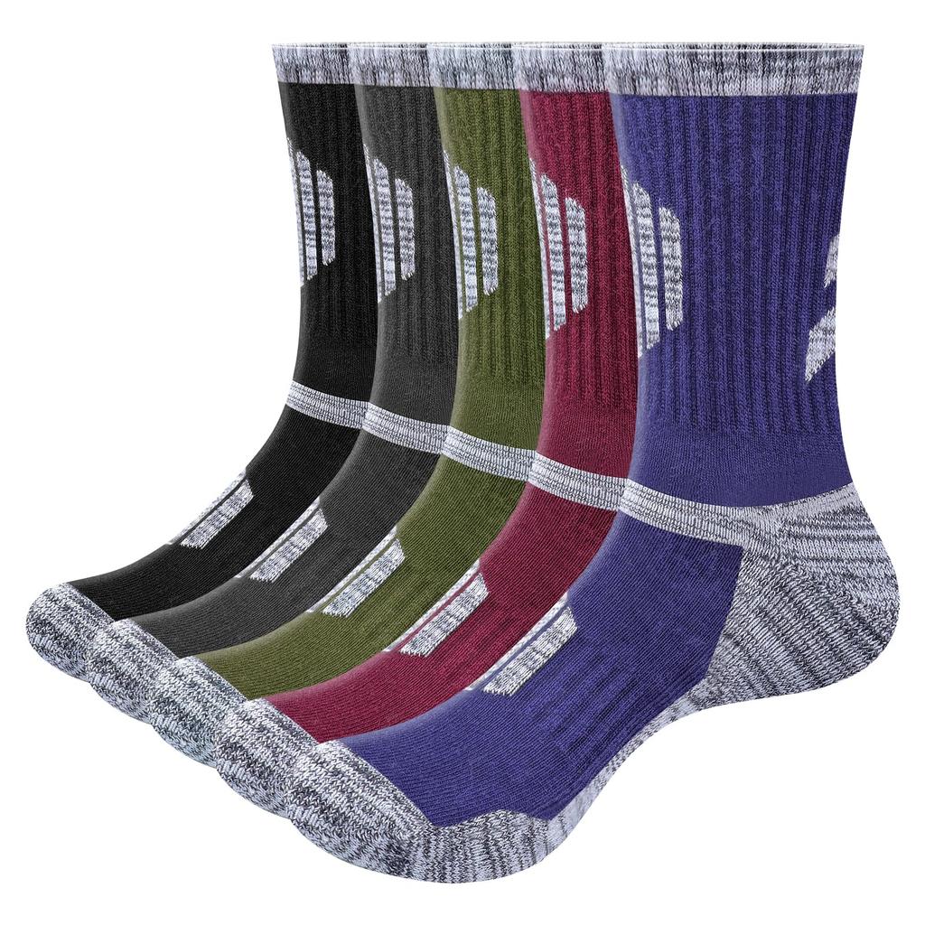 YUEDGE Breathable Cotton Cushioned Thick Hiking and Sports Set Men's Socks, 5-Pair (Black/Dark Blue/Dark Gray/Olive Green/Red)