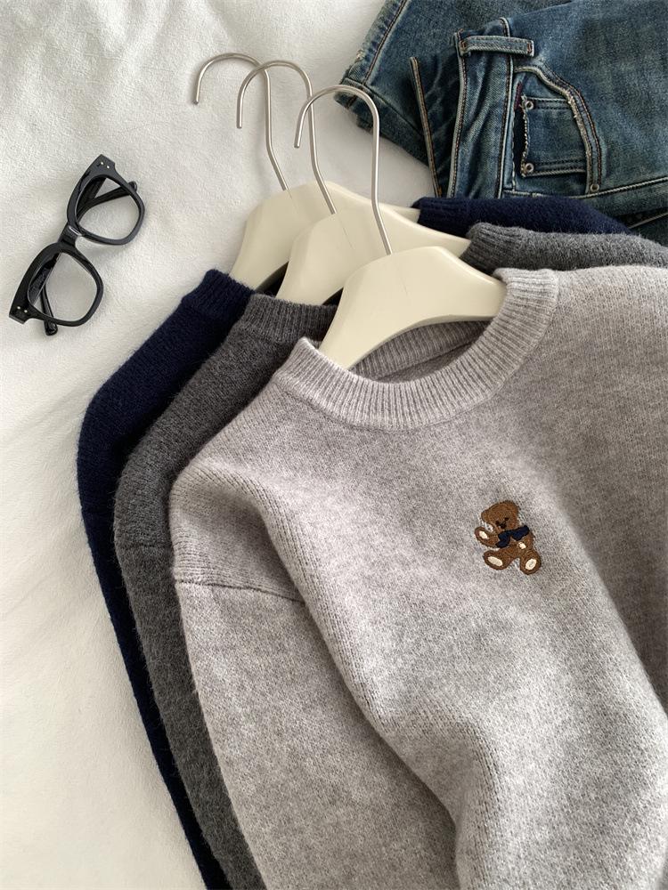 Korean Embroidered Bear Knit Sweater, Soft & Warm for Autumn/Winter
