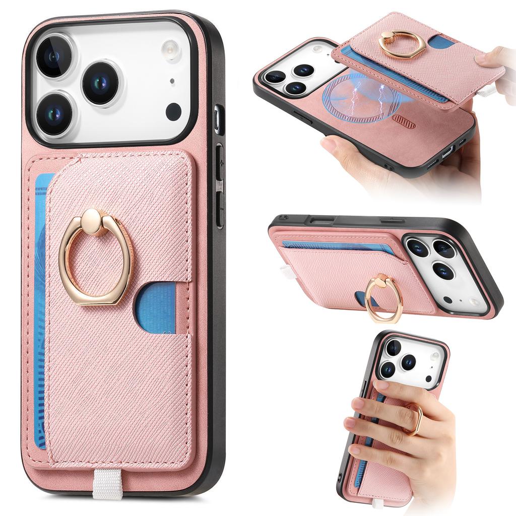For iPhone 17 Pro Case Ring Kickstand Leather+TPU+PC Phone Cover Detachable Card Holder