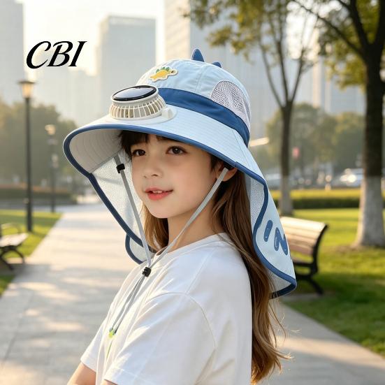 Dinosaur Fishing Hat for Kids Sun with Solar Fan, Wide Brim UV Protection Beach Babies Neck Flap, Summer Cap Boys Girls Camping