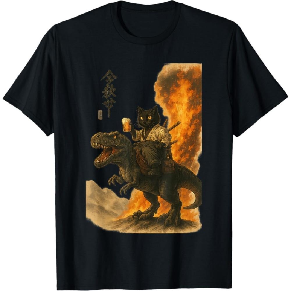 

Black Cat Samurai Dinosaur Sea Wave Print T-Shirt S