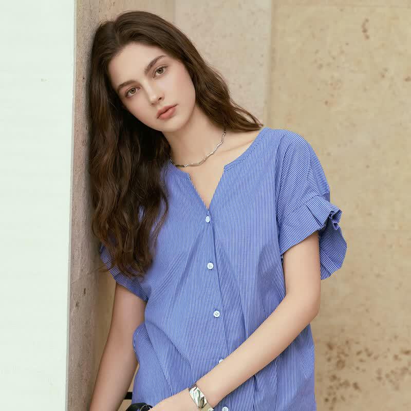 Women's V-Neck Striped Short Sleeve Blouse