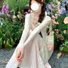Gentle Pink Lace Camisole & Cardigan Set with Waist-Hugging Summer Dress