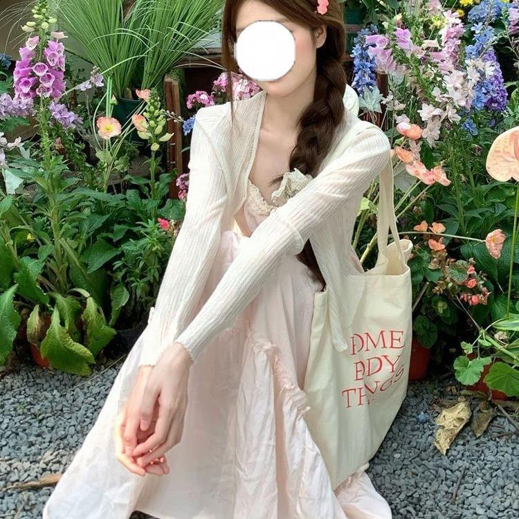 Gentle Pink Lace Camisole & Cardigan Set with Waist-Hugging Summer Dress