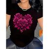 Europäische Größe Herzförmiges Rosen-Serien-Musterdruck-T-Shirt, Kurzärmeliges Rundhals-Freizeit-Oberteil, Sommer Frühling, Damenbekleidung