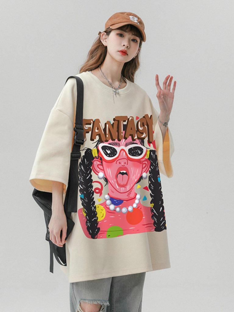 Unisex Retro Graffiti Print Loose-fit Cotton T-shirt - Plus Size Available
