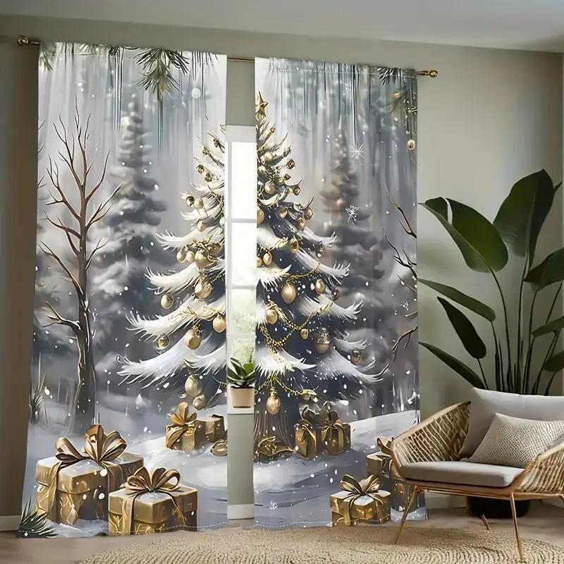 2pcs Elegant Golden Christmas Tree & Gift Pattern Curtains, Designed for Light Blocking, Premium Material, Suitable for Christma