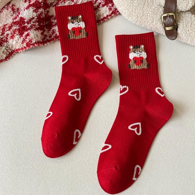 Cute Striped Cartoon Red Color Pony Mid Socks Kawaii Year Of The Horse Versatile Mid Length Autumn Winter Thick Warm Socks