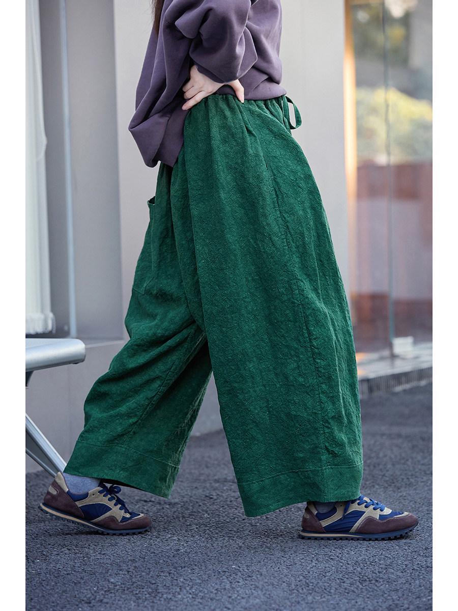 

Spring Artistic Retro Forest Green Loose Linen Double-Layer Elastic Waist Pants Large лес зеленый