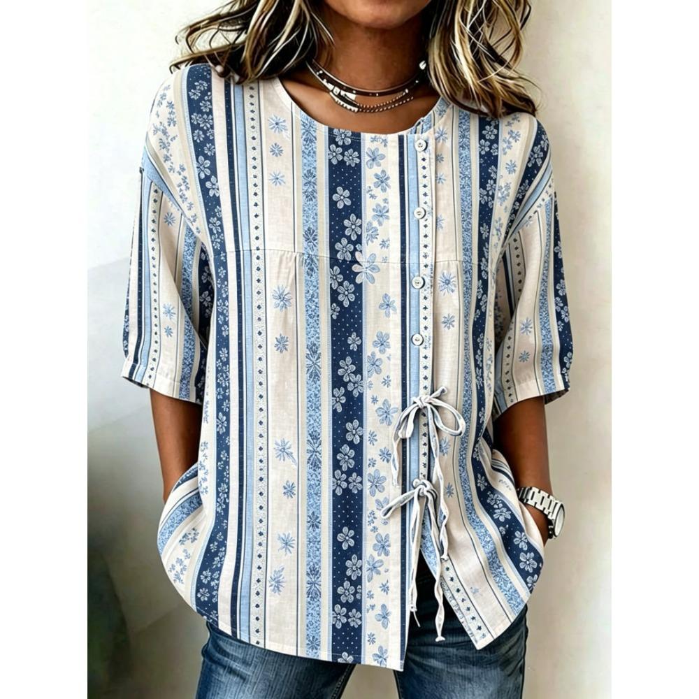 Women's Neutral Floral & Stripe Print Button & Tie Front Blouse, Casual Stylish Top for Spring Summer Daily & Versatile Wear