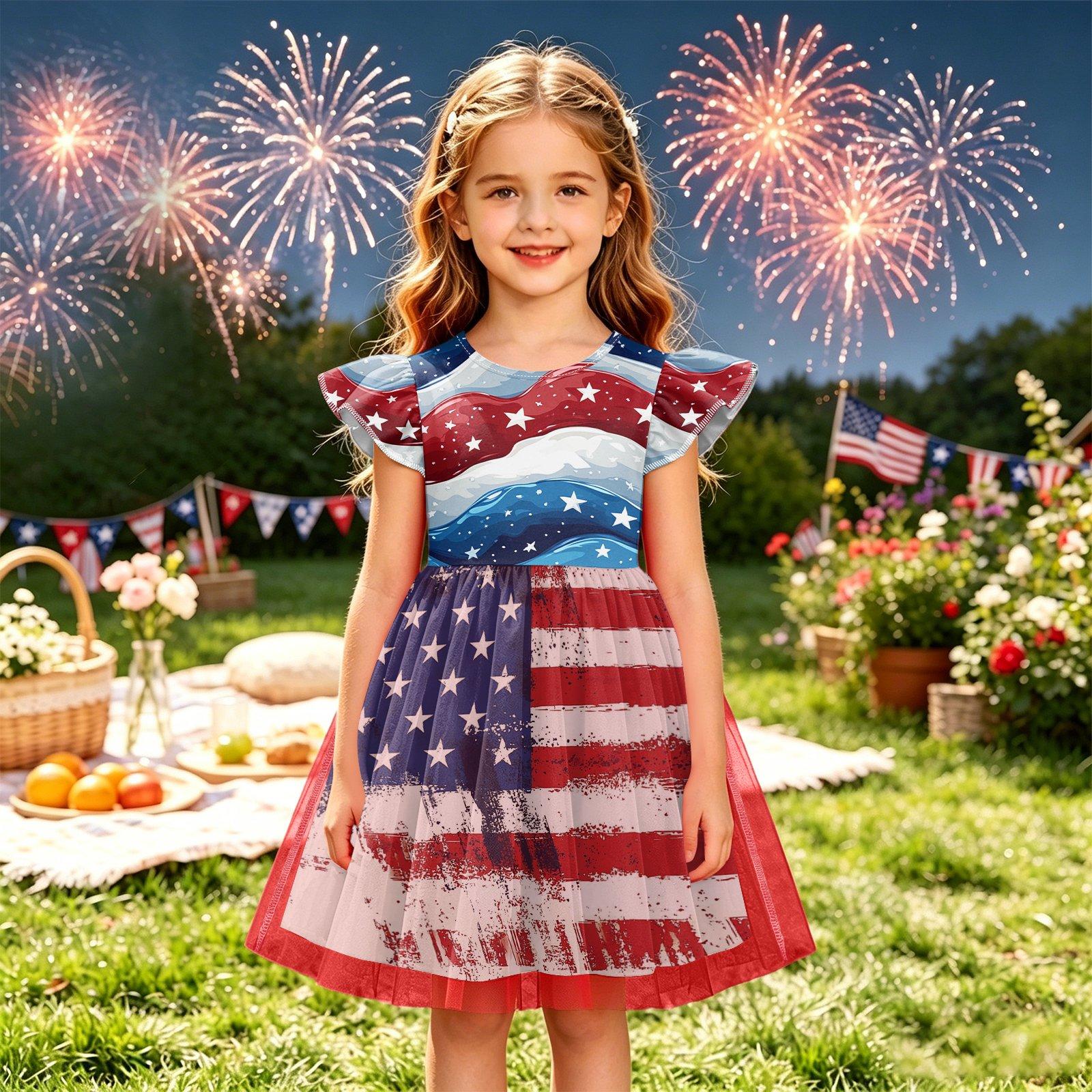 Girls Dress Flutter Sleeve Independence Day Patchwork Dress American Flag Print Tulle Skirt Party Dress for Kids 140 синий