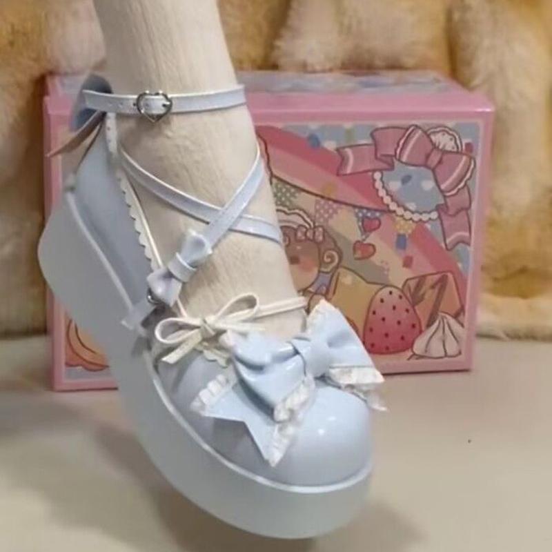 Lovely Girls Lolita Flats Platform Shoes,Students Sweet Heart Bowknots Cross Tied Mary Janes