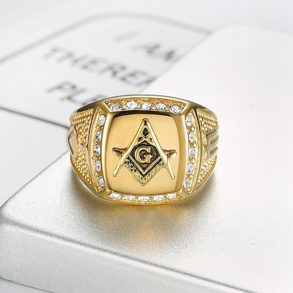 Hip Hop Freimaurer Ring für Männer 316L Edelstahl Iced Out Bling CZ Kristall Freimaurer Ringe Goldfarbe Mode Amulett Schmuck