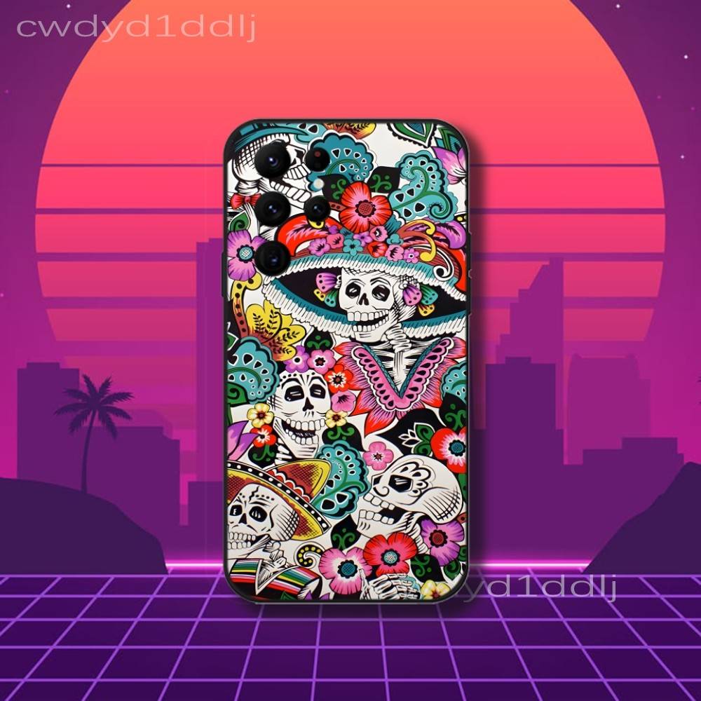 Mexican Catrina Skull Girls Phone Case For Samsung S10,S21,FE,S21 ,S26,S25,S24,S23,Ultra,S9,S22,Plus Black Shockproof Silicone
