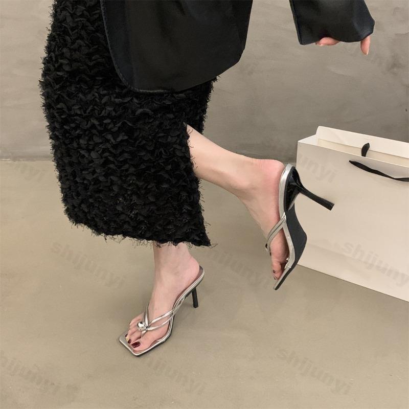 Summer Women High-heel Slippers 2026 Elegant Outdoor Square Toe High Heels Fashion Thin Heel Outdoor Ladies Flip Flops Slippers