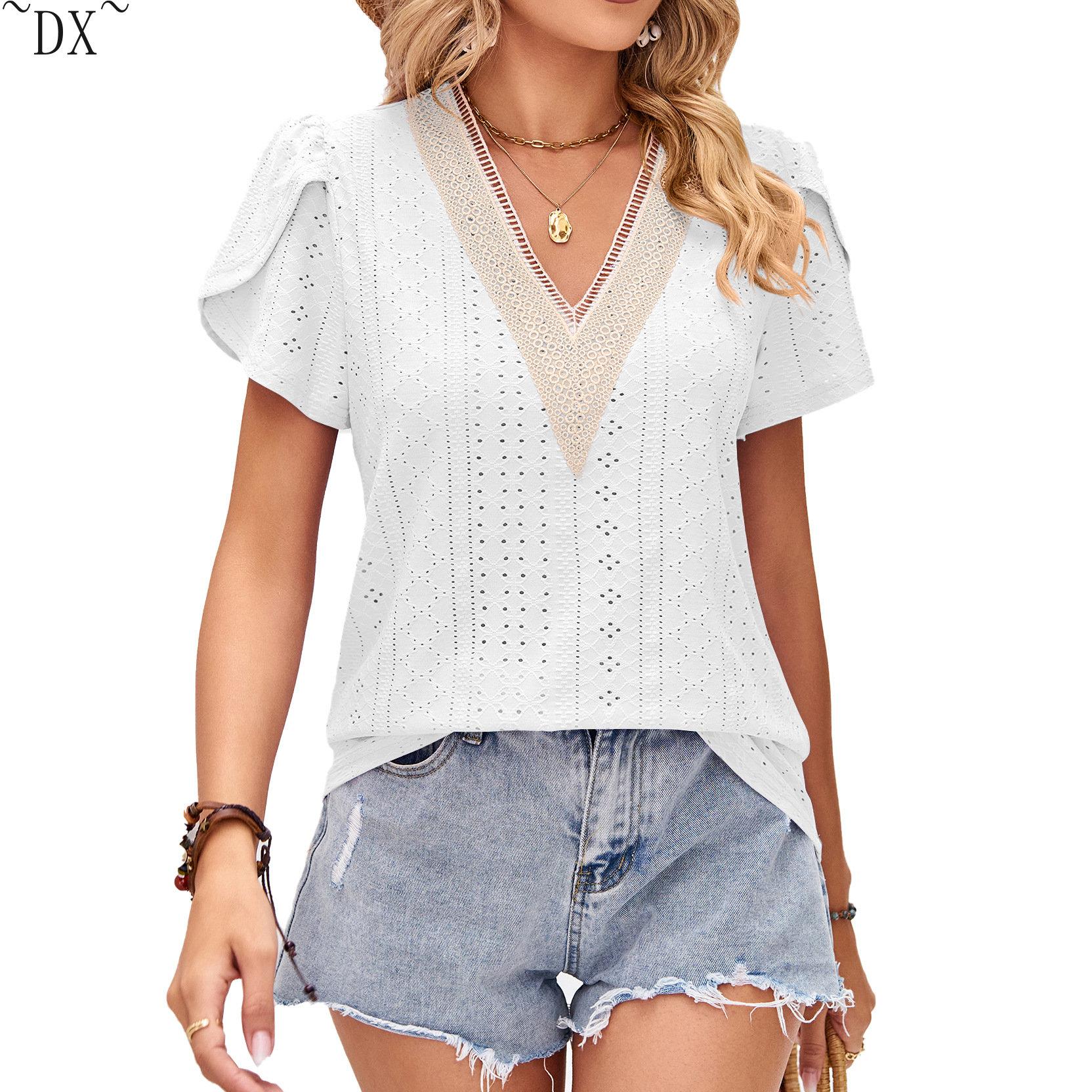 DX~~Женская летняя свободная футболка с v-образным вырезом и кружевными лепестками — фото 21